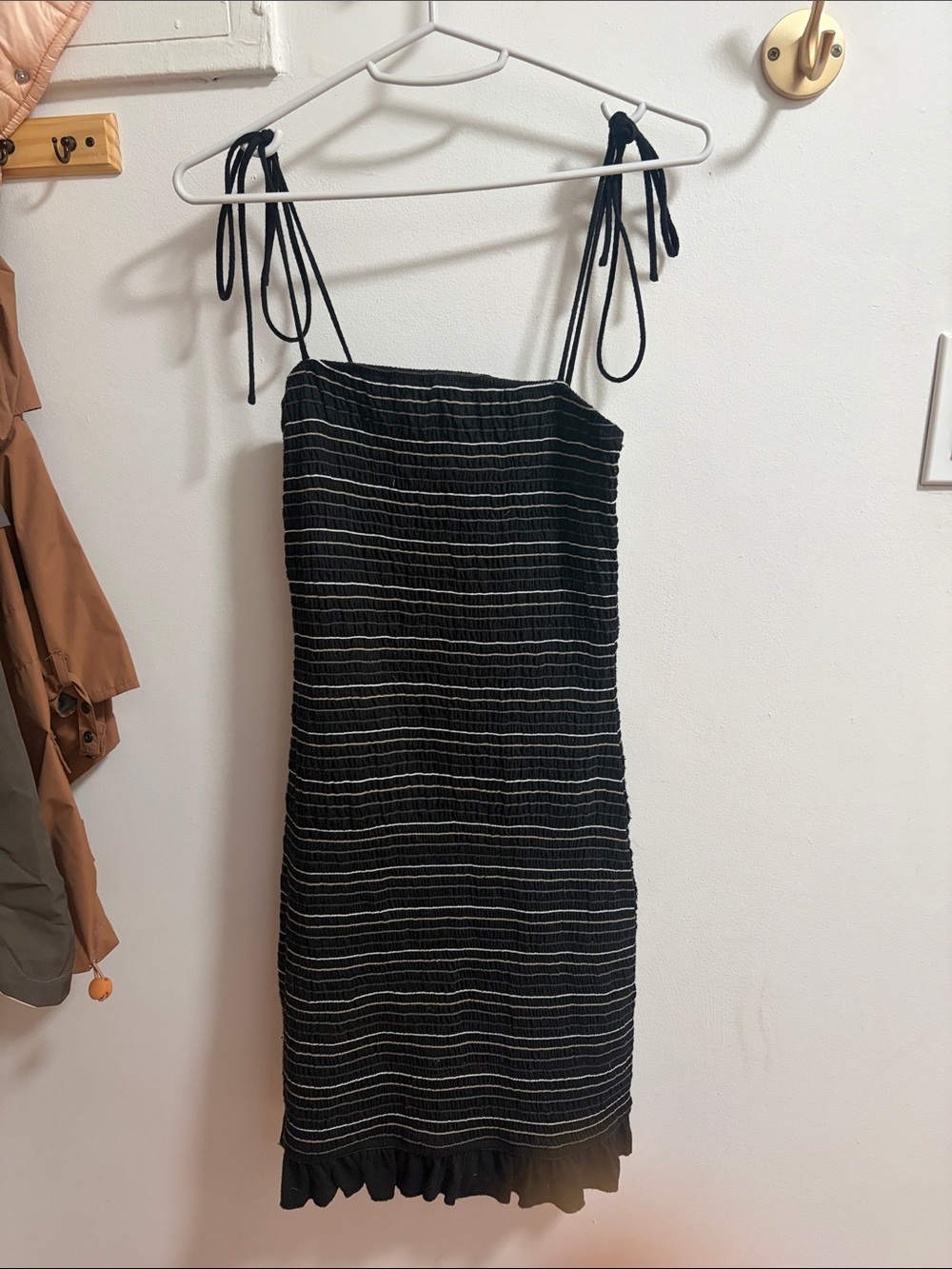 The Impeccable Pig Black Striped Tie-Shoulder Mini Dress
